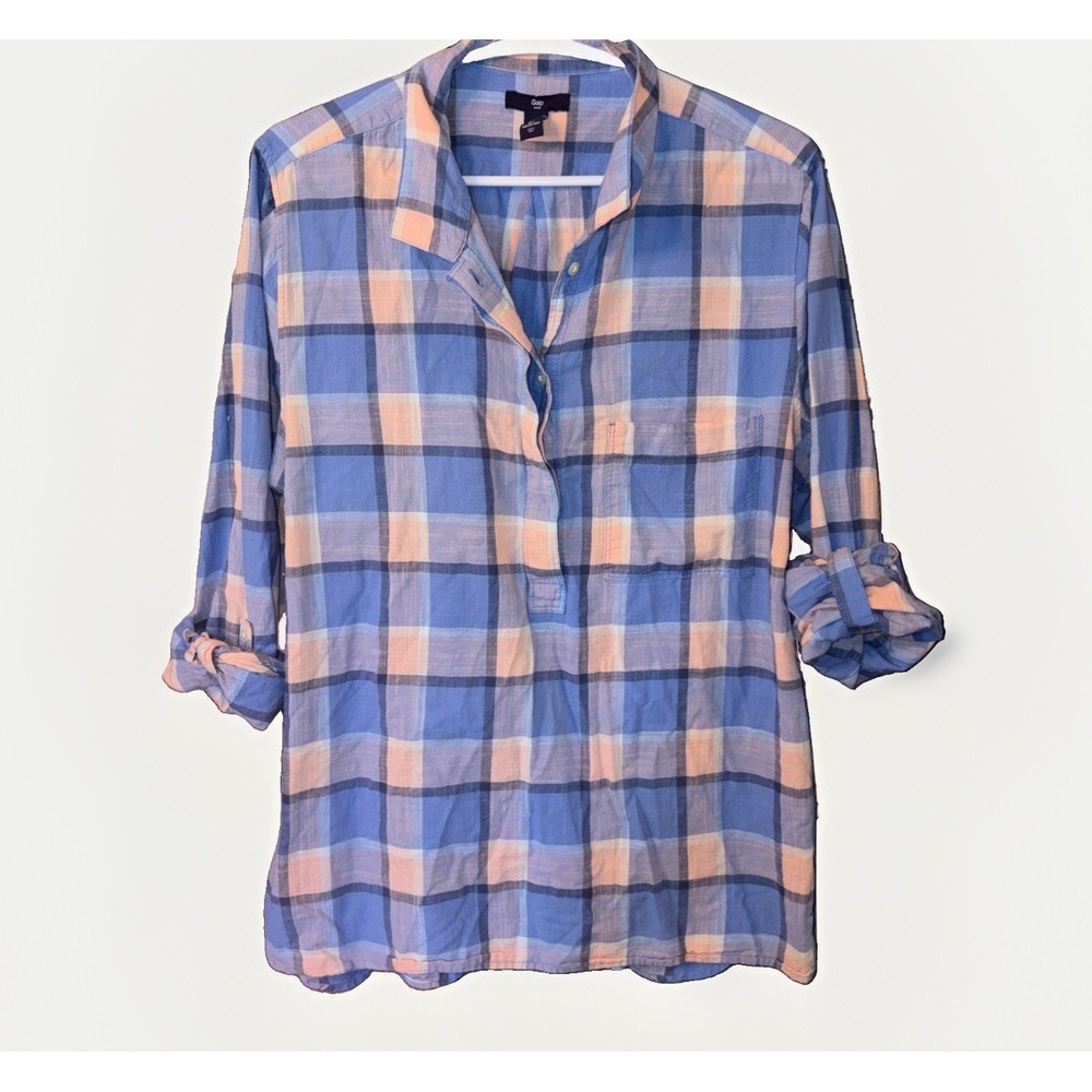 GAP 100% Cotton Coastal Resort Wear Plaid 3/4 Button Tunic Women's Size Large